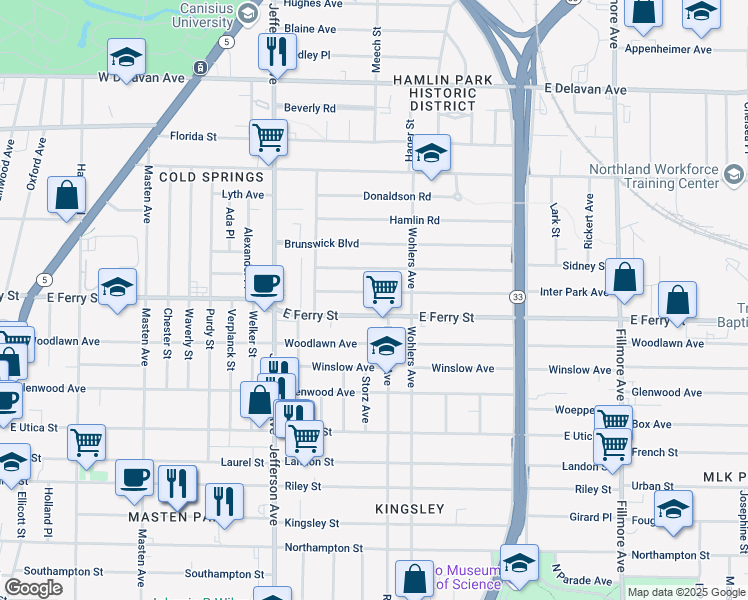map of restaurants, bars, coffee shops, grocery stores, and more near 416 East Ferry Street in Buffalo