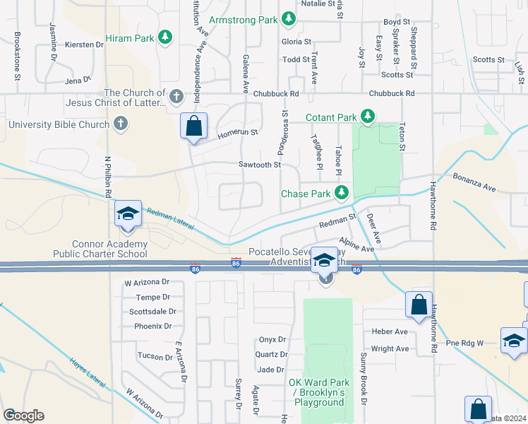 map of restaurants, bars, coffee shops, grocery stores, and more near 4522 Sarah Loop in Pocatello