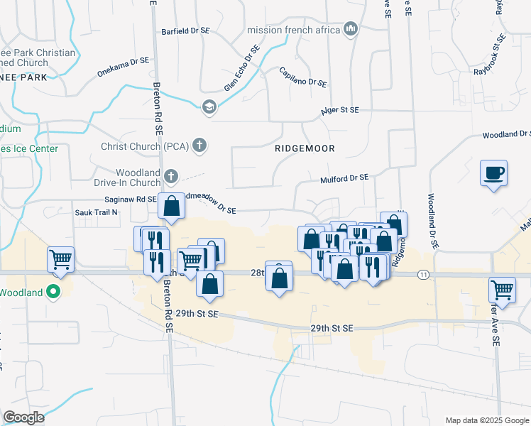 map of restaurants, bars, coffee shops, grocery stores, and more near 2648 Woodmeadow Drive Southeast in Grand Rapids