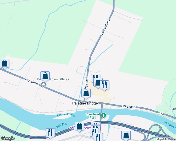 map of restaurants, bars, coffee shops, grocery stores, and more near 129 Lafayette Street in Palatine Bridge