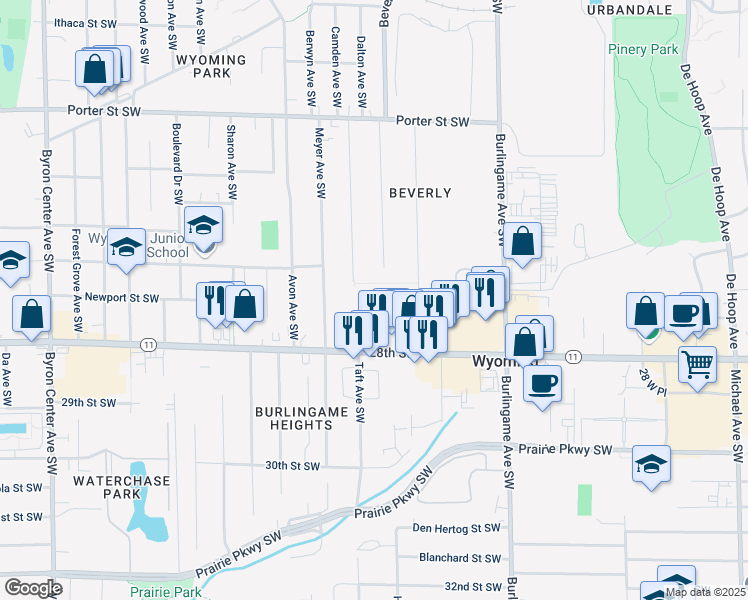 map of restaurants, bars, coffee shops, grocery stores, and more near 2708 Meyer Avenue Southwest in Wyoming