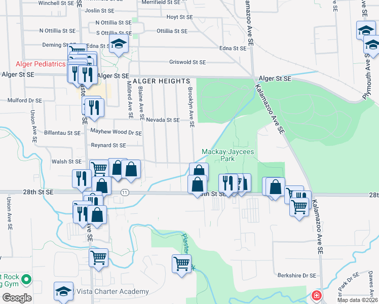 map of restaurants, bars, coffee shops, grocery stores, and more near 2644 Brooklyn Avenue Southeast in Grand Rapids