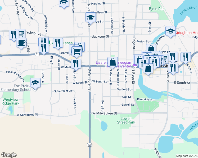 map of restaurants, bars, coffee shops, grocery stores, and more near 800 West South Street in Stoughton