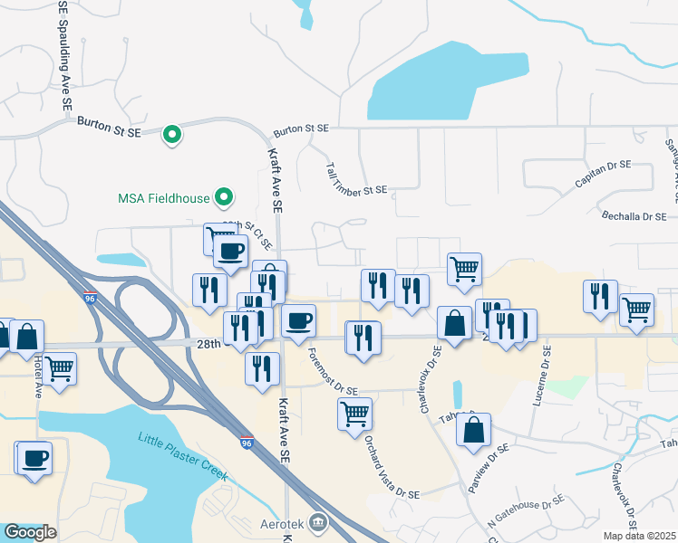 map of restaurants, bars, coffee shops, grocery stores, and more near 2673 Chatham Woods Drive Southeast in Grand Rapids