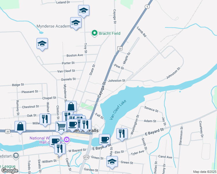map of restaurants, bars, coffee shops, grocery stores, and more near 7 Prospect Street in Seneca Falls