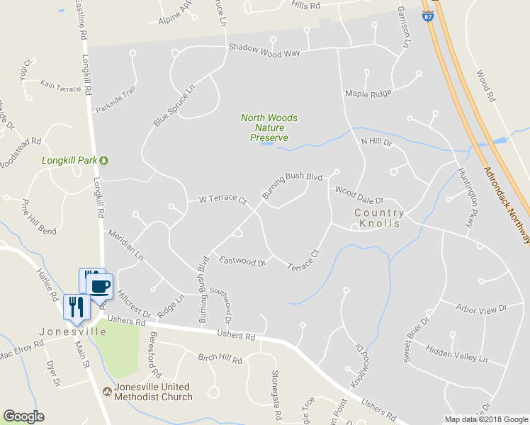 map of restaurants, bars, coffee shops, grocery stores, and more near 1 Terrace Court in Ballston Lake