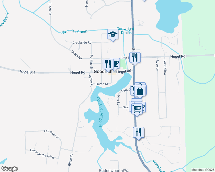 map of restaurants, bars, coffee shops, grocery stores, and more near 10240 Huron Street in Goodrich