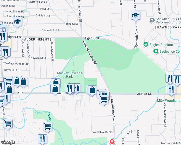 map of restaurants, bars, coffee shops, grocery stores, and more near 2619 Kalamazoo Avenue Southeast in Grand Rapids