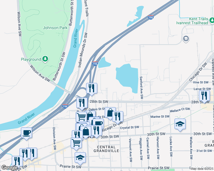 map of restaurants, bars, coffee shops, grocery stores, and more near 2655 Grand Castle Boulevard in Grandville