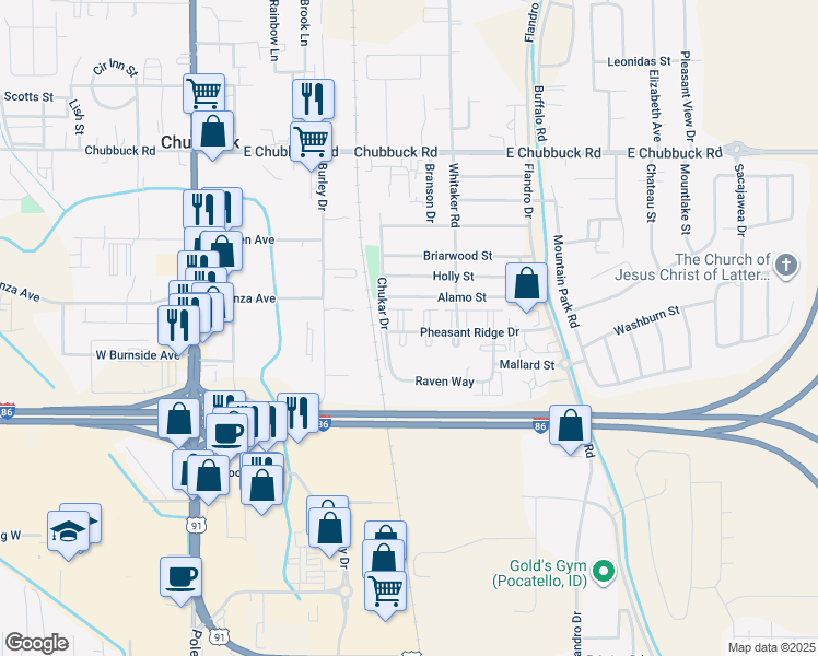 map of restaurants, bars, coffee shops, grocery stores, and more near 439 Pheasant Ridge Drive in Pocatello