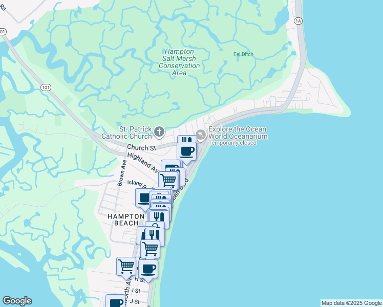 map of restaurants, bars, coffee shops, grocery stores, and more near 347 Ocean Boulevard in Hampton