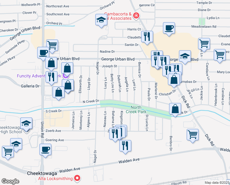 map of restaurants, bars, coffee shops, grocery stores, and more near 78 Betty Lou Lane in Cheektowaga