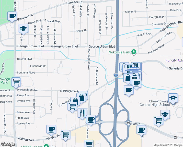 map of restaurants, bars, coffee shops, grocery stores, and more near 313 McNaughton Avenue in Buffalo