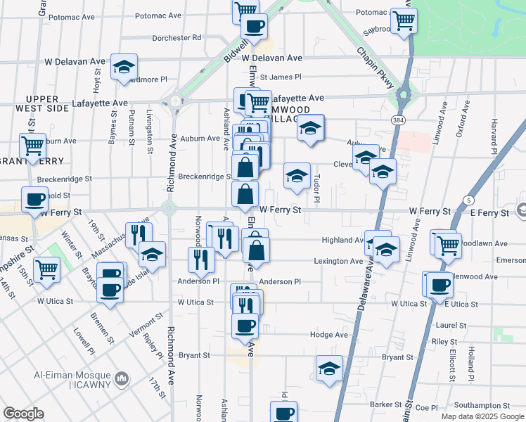 map of restaurants, bars, coffee shops, grocery stores, and more near 665 West Ferry Street in Buffalo