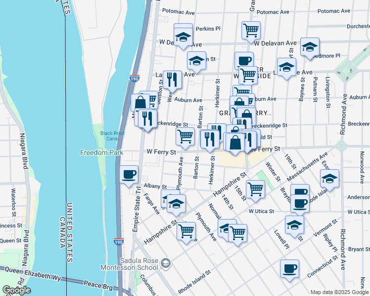 map of restaurants, bars, coffee shops, grocery stores, and more near 167 West Ferry Street in Buffalo