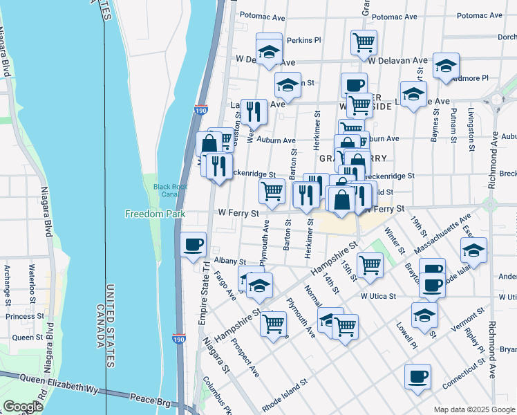 map of restaurants, bars, coffee shops, grocery stores, and more near 127 West Ferry Street in Buffalo