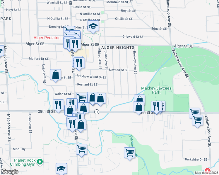 map of restaurants, bars, coffee shops, grocery stores, and more near 947 Walsh Street Southeast in Grand Rapids