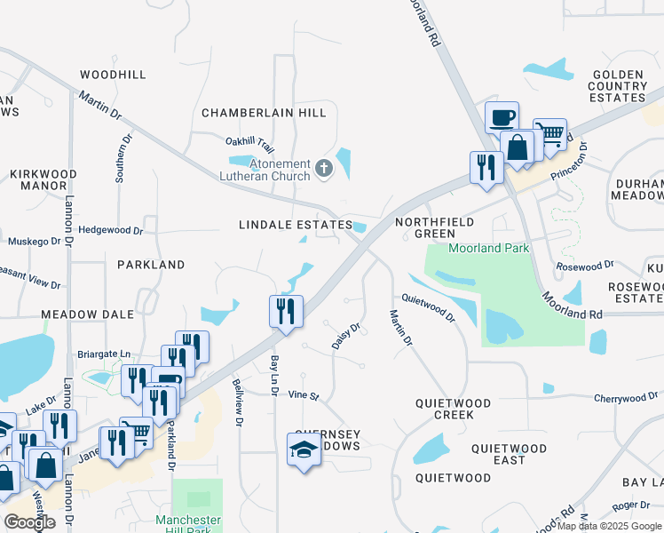 map of restaurants, bars, coffee shops, grocery stores, and more near W160S7167 Daisy Drive in Muskego