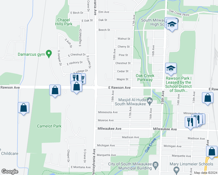 map of restaurants, bars, coffee shops, grocery stores, and more near 1832 East Rawson Avenue in South Milwaukee