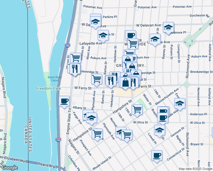 map of restaurants, bars, coffee shops, grocery stores, and more near 204 West Ferry Street in Buffalo