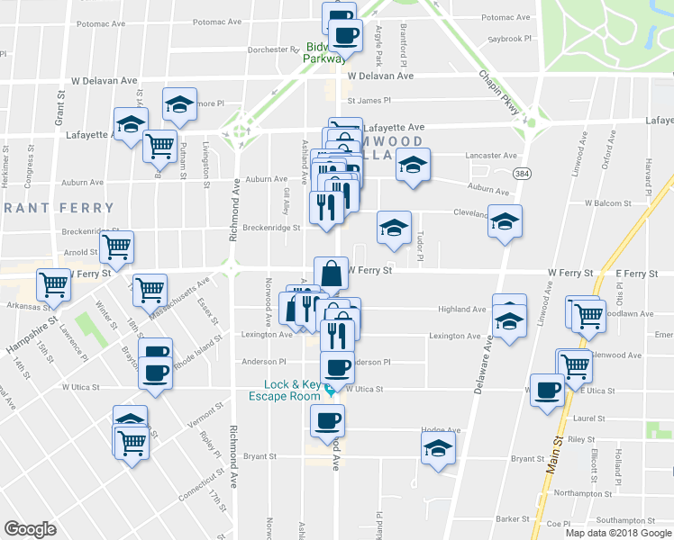 map of restaurants, bars, coffee shops, grocery stores, and more near 639 W Ferry St in Buffalo