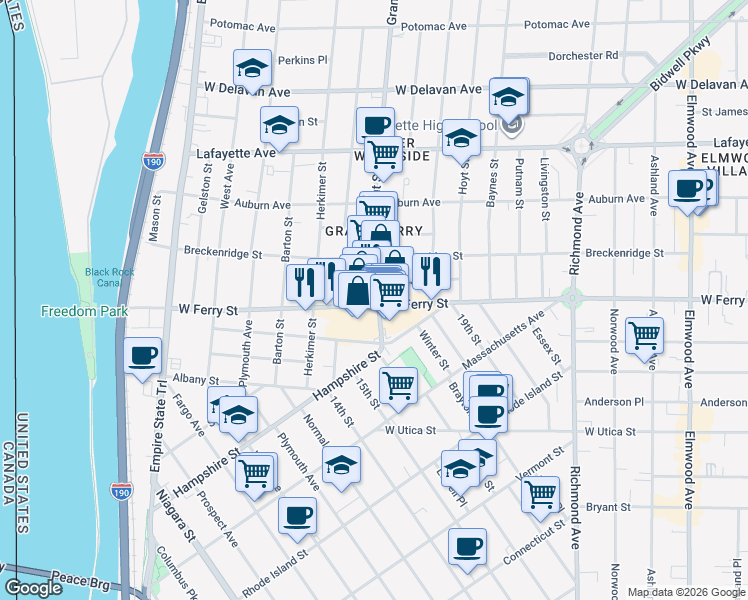 map of restaurants, bars, coffee shops, grocery stores, and more near 265 West Ferry Street in Buffalo