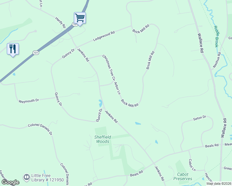 map of restaurants, bars, coffee shops, grocery stores, and more near 7 Arbor Lane in Bedford