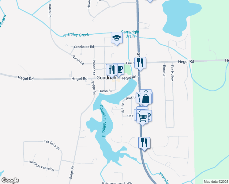 map of restaurants, bars, coffee shops, grocery stores, and more near 10240 Huron Street in Goodrich