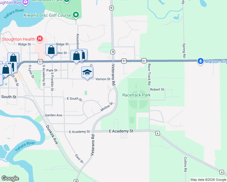 map of restaurants, bars, coffee shops, grocery stores, and more near 500 Veterans Road in Stoughton