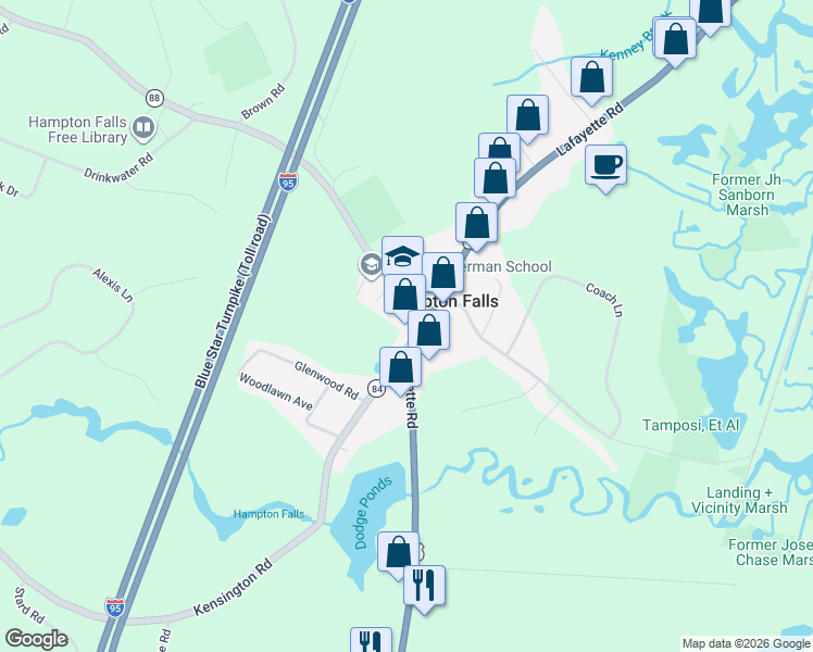 map of restaurants, bars, coffee shops, grocery stores, and more near 81 Lafayette Road in Hampton Falls