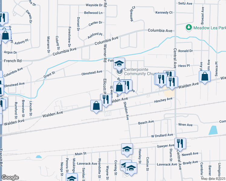 map of restaurants, bars, coffee shops, grocery stores, and more near 19 Crane Street in Depew