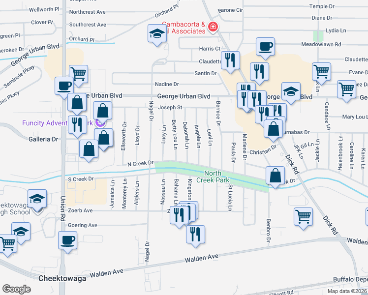 map of restaurants, bars, coffee shops, grocery stores, and more near 78 Betty Lou Lane in Cheektowaga