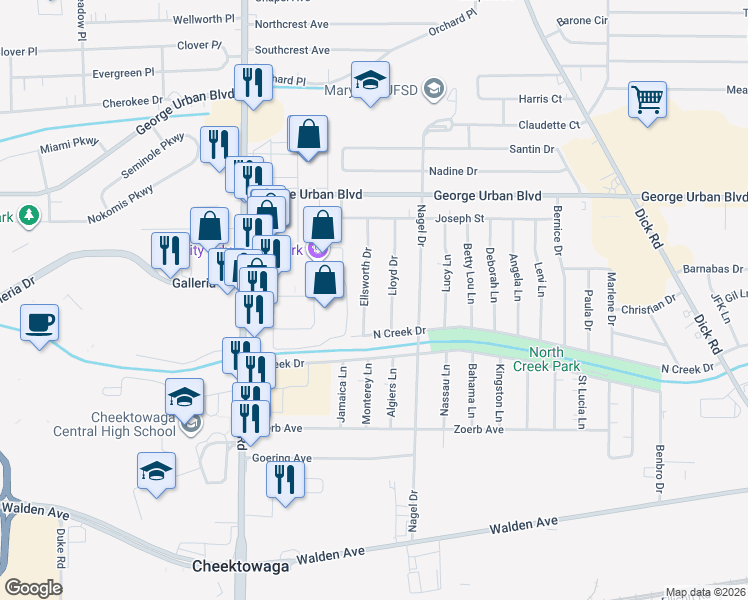 map of restaurants, bars, coffee shops, grocery stores, and more near 78 Ellsworth Drive in Buffalo