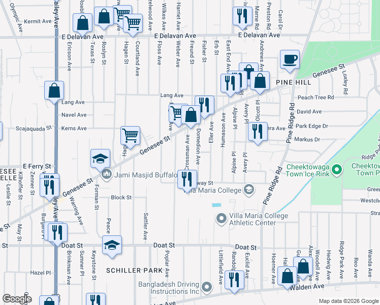 map of restaurants, bars, coffee shops, grocery stores, and more near 47 Crossman Avenue in Buffalo