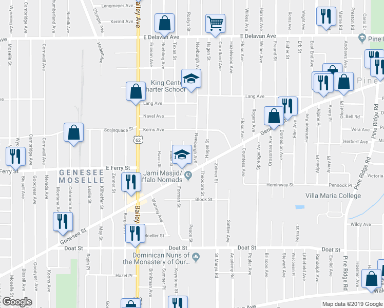 map of restaurants, bars, coffee shops, grocery stores, and more near in Buffalo