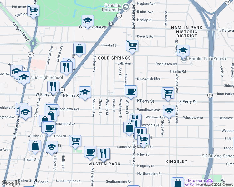 map of restaurants, bars, coffee shops, grocery stores, and more near 207 East Ferry Street in Buffalo
