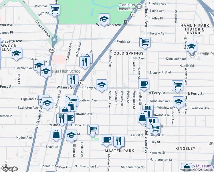 map of restaurants, bars, coffee shops, grocery stores, and more near 129 East Ferry Street in Buffalo