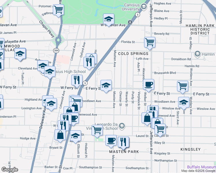 map of restaurants, bars, coffee shops, grocery stores, and more near 51 East Ferry Street in Buffalo