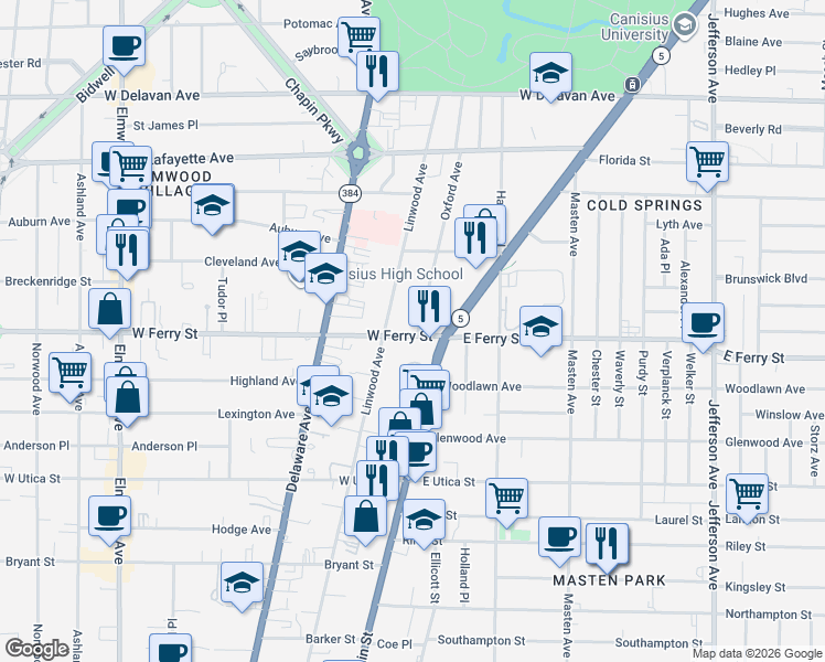 map of restaurants, bars, coffee shops, grocery stores, and more near 1514 Main Street in Buffalo