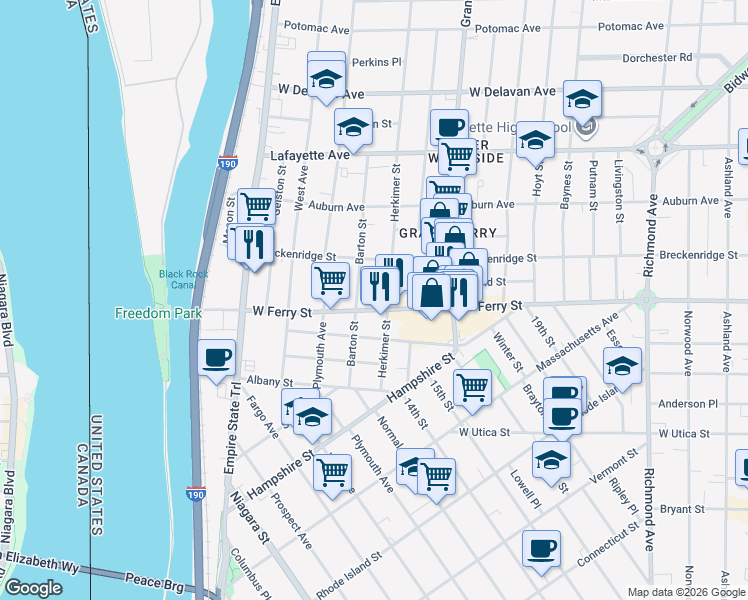 map of restaurants, bars, coffee shops, grocery stores, and more near 209 West Ferry Street in Buffalo