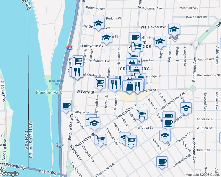 map of restaurants, bars, coffee shops, grocery stores, and more near 209 West Ferry Street in Buffalo
