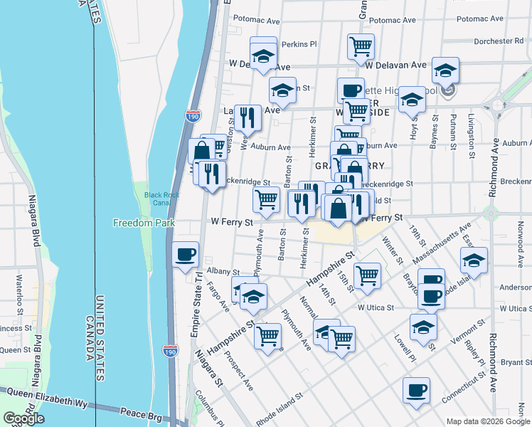map of restaurants, bars, coffee shops, grocery stores, and more near 167 West Ferry Street in Buffalo