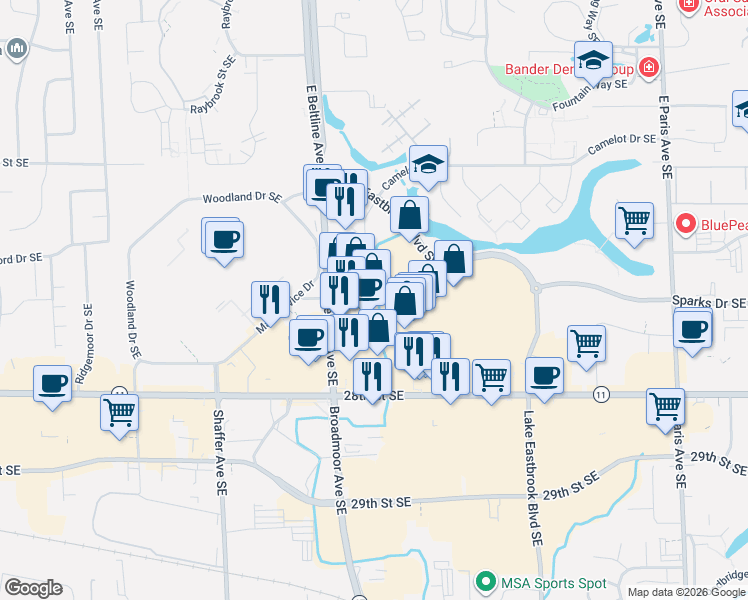 map of restaurants, bars, coffee shops, grocery stores, and more near 3665 28th St SE in Grand Rapids