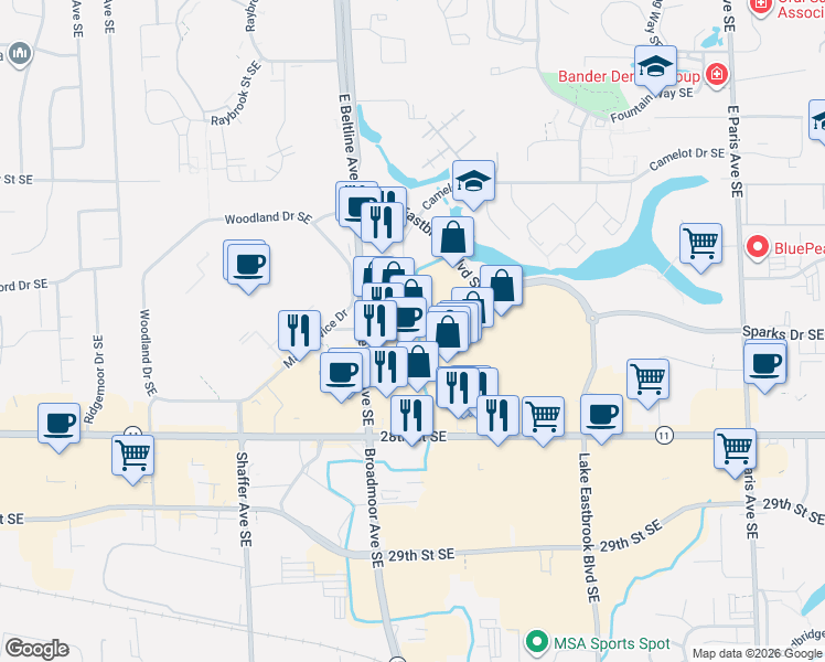 map of restaurants, bars, coffee shops, grocery stores, and more near 3665 28th St SE in Grand Rapids