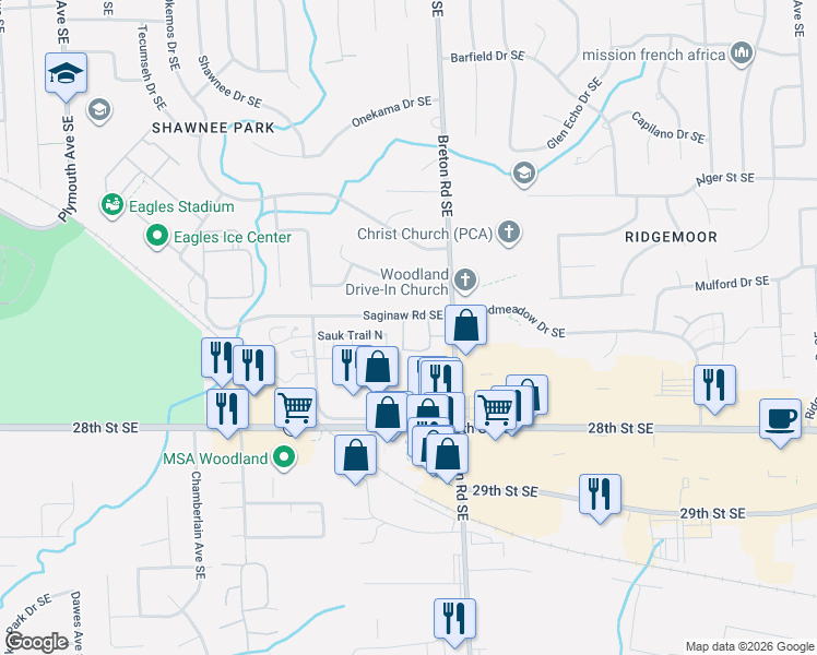 map of restaurants, bars, coffee shops, grocery stores, and more near 2613 Highland View Drive Southeast in Grand Rapids