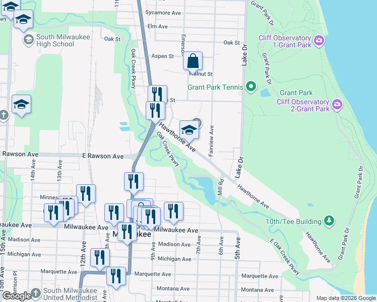 map of restaurants, bars, coffee shops, grocery stores, and more near 727 Hawthorne Avenue in South Milwaukee