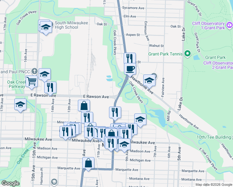 map of restaurants, bars, coffee shops, grocery stores, and more near 1006 East Rawson Avenue in South Milwaukee