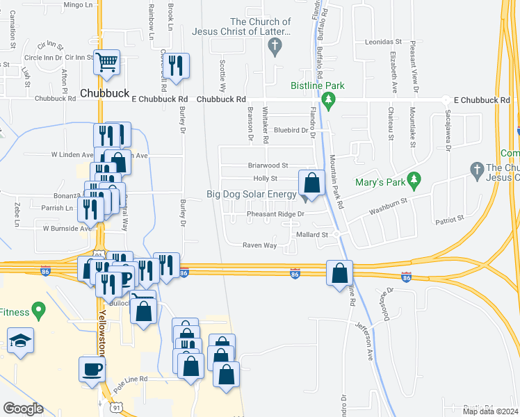 map of restaurants, bars, coffee shops, grocery stores, and more near 486 Pheasant Ridge Drive in Pocatello