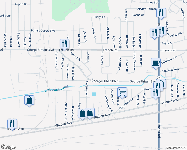 map of restaurants, bars, coffee shops, grocery stores, and more near 9 Pamela Drive in Depew