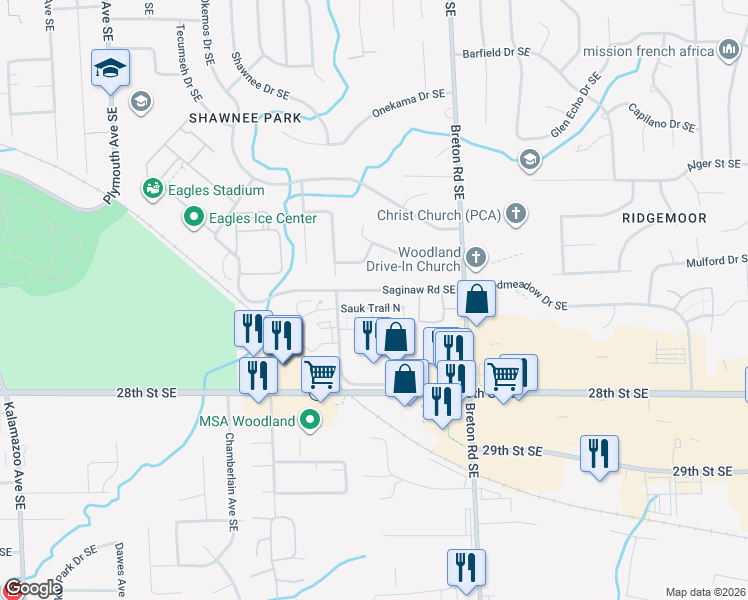 map of restaurants, bars, coffee shops, grocery stores, and more near 2709 Modoc Trail Southeast in Grand Rapids